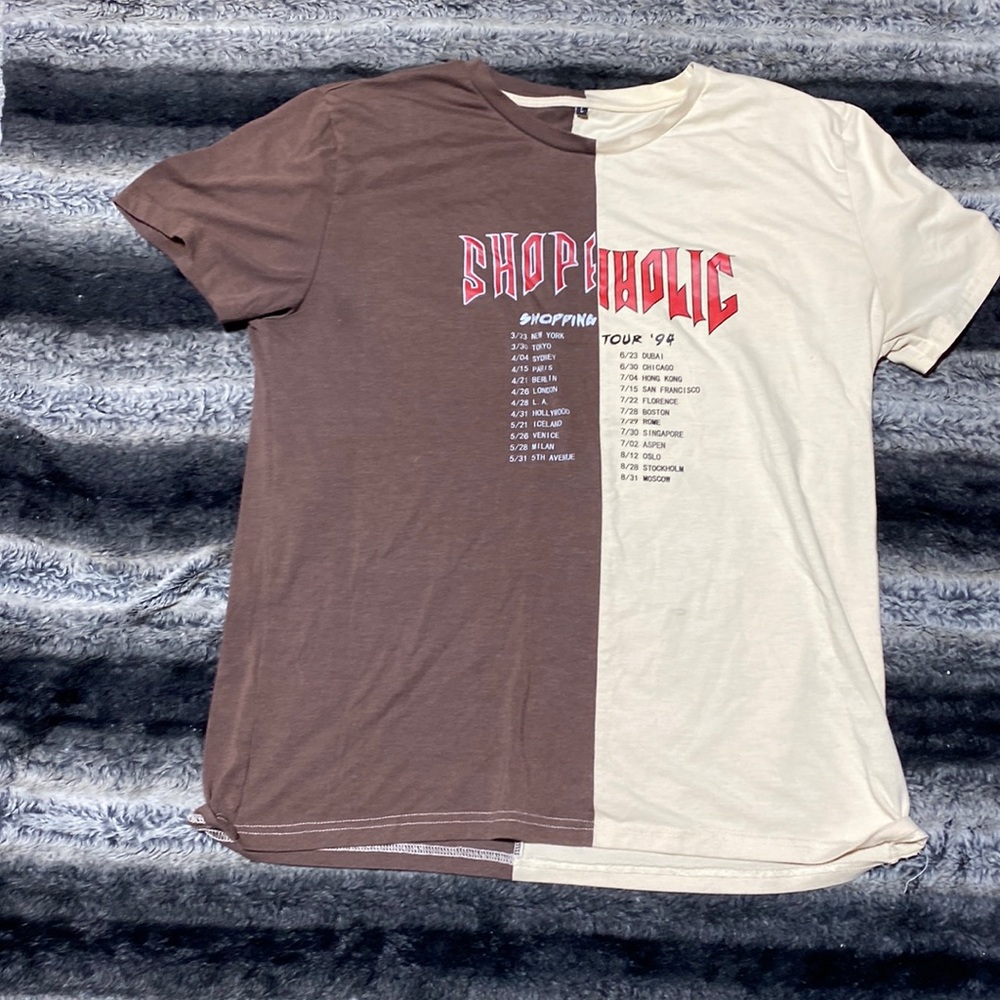 Shein men’s large Shopaholic tour t shirt half and half cream and brown